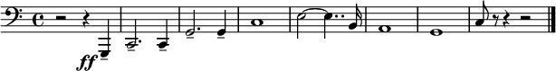 
\relative c, {
  \time 4/4
  \clef bass
  \key c \major

  r2 r4\ff g\tenuto
  c2.\tenuto c4\tenuto
  g'2.\tenuto g4\tenuto
  c1
  e2~ e4.. b16
  a1
  g1
  c8 r8 r4 r2
  \bar "|."
} 
