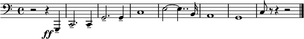 \relative c, {
\time 4/4
\clef bass
\key c \major
r2 r4\ff g\tenuto
c2.\tenuto c4\tenuto
g'2.\tenuto g4\tenuto
c1
e2~ e4.. b16
a1
g1
c8 r8 r4 r2
\bar "|."
}